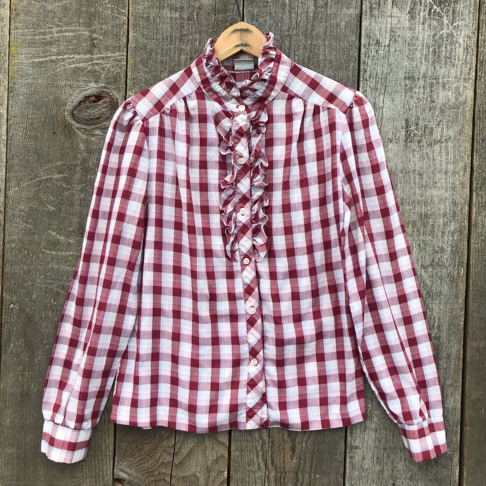 Vintage 80s Pykettes Ruffle Collar Plaid Blouse Cowgirl Western Feminine, Large